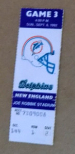 1992 Patriots @ Dolphins Ticket Stub ROOKIE YEAR LARRY WEBSTER DT MIAMI
