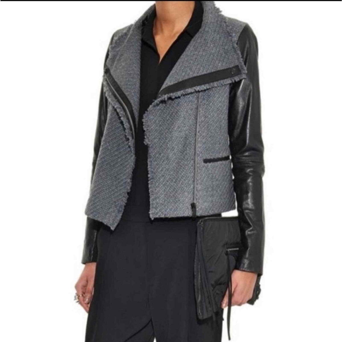 Genuine Vince Black Leather Moto Jacket Gray Wool Boucle Scuba 