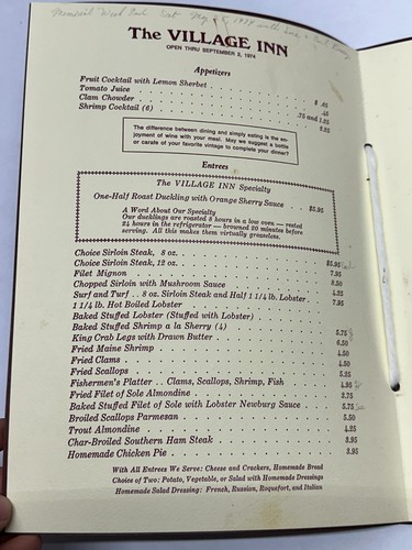 Vintage 1970s Menu - The Village Inn - Belgrade Lakes Maine - Seafood Lobster - Picture 2 of 4