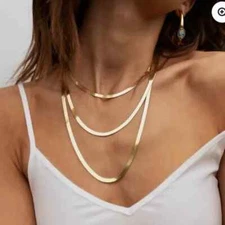 House of Harlow 14" + 3" Gold Tone Herringbone Layered Necklace 3 Strand NEW