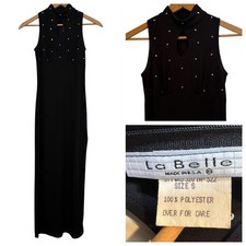 VTG 90s La Belle Black Maxi Dress High Slit Keyhole Rhinestone Vampy Goth Prom S