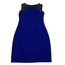 Tahari Sheath Dress Women’s 6 Blue Black Pleather Detail Stretch Lined Career
