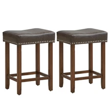 24" Set of 2 Upholstered Bar Stools w/ Footrests Rubberwood Frame Saddle-shaped