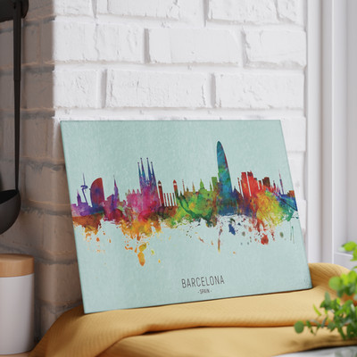 Lebendige Barcelona Skyline Hartglasplatte | Einzigartiges Geschenk für Zuhause