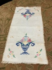 Vintage Hand Embroidered Linen Table Runner 22" x 11" Floral Basket Cross Stitch