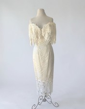 Vtg 80s JESSICA MCCLINTOCK Victorian Crochet Lace Wedding Brocade Off Shoulder 6