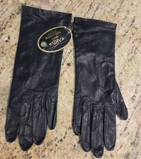 New Vintage Women's Size M 7 Black Leather Silk Lined 10.5" Long Gloves Aris