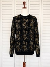 Vintage 80s 90s Koret Black Gold Metallic Floral Shimmer Sweater XL