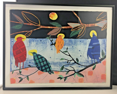 Curt Clonts Signed Serigraph Ed 5/30 Birds Folk Art Kansas Artist 16 x 12 Framed