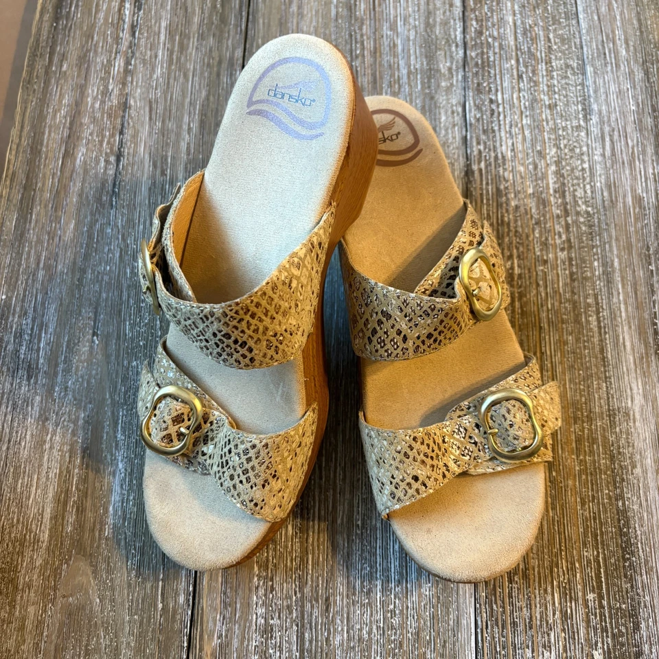 Dansko Sophie 凉鞋女式 8.5-9 码 EU 39 棕褐色蛇纹拖鞋高跟鞋扣 — 第 2/4 张图片