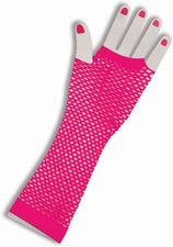 Adults Neon Pink 80s Punk Rock Fishnet Fingerless Long Gloves