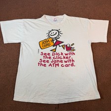 C+ Vintage Hanover Sport See Jane ATM Card Graphic T-Shirt XL White Made in USA