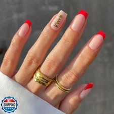 Christmas Press on Nails Medium Square Winter French Tip Fake Nai