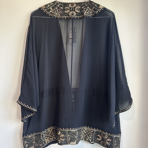 Women's Chico's Jacket Sz 2 Semi Black Sheer Tie Front SILK Artemisia Gwenyth - Picture 2 of 10