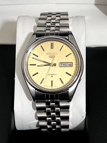Seiko 5 6309 8820 Gold Dial Day Date Automatic Watch Steel Vintage 1982 Watch