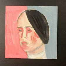 Original Portrait Painting Woman Hair Bun Naive Square Expressive Art