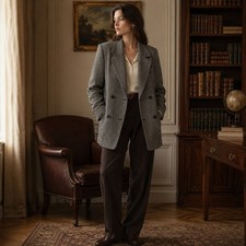 Womens Pure New Wool Herringbone Blazer Double Breasted Career Jacket Coat Italy