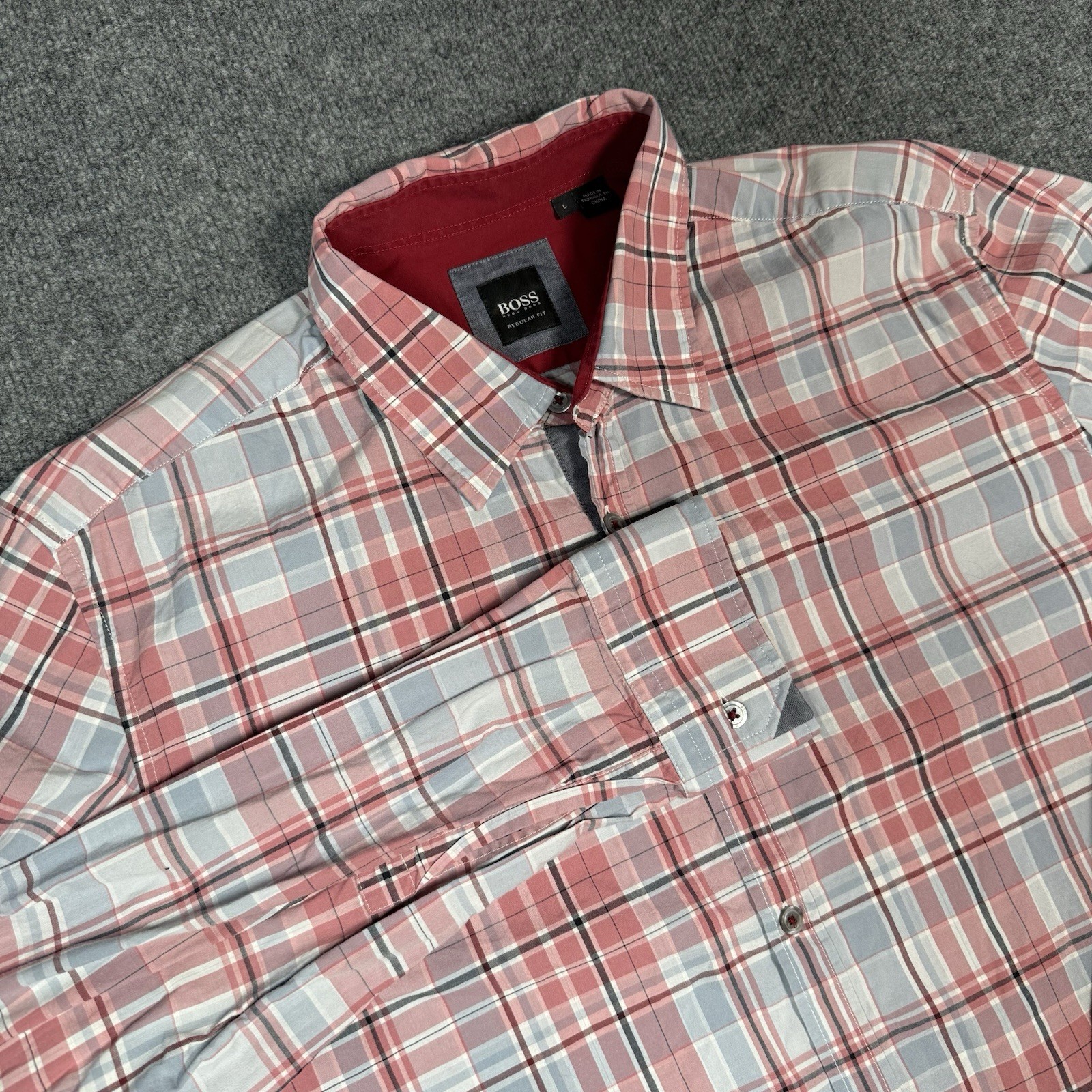 Hugo Boss Shirt Mens Large Regular Fit Long Sleeve Button Up Plaid Pink Blue