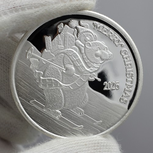 Merry Christmas Skiing Polar Bear Delivery 1oz .999 Silver Round in Gift Box - Picture 4 of 8
