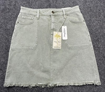 Tommy Bahama Skirt Womens 4 Green Denim Utility Straight Fringe Hem Mini Stretch