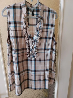 Damen-Bluse, Gr. 42, Rüschen, Hellbraun, Braun, Blau, Weiß. Ärmellos - Bild 1 von 4