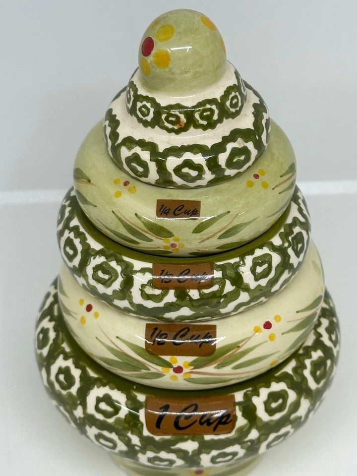 Temp-Tations By Tara Stacking Measuring Cups 5 Set Ceramic Green Floral Design - Image 2 of 4