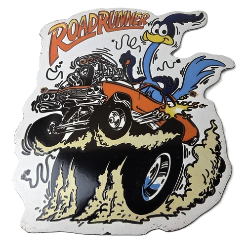 Vintage Rat Fink Porcelain Sign - Plymouth Road Runner Hot Rod Gas Pump Sign