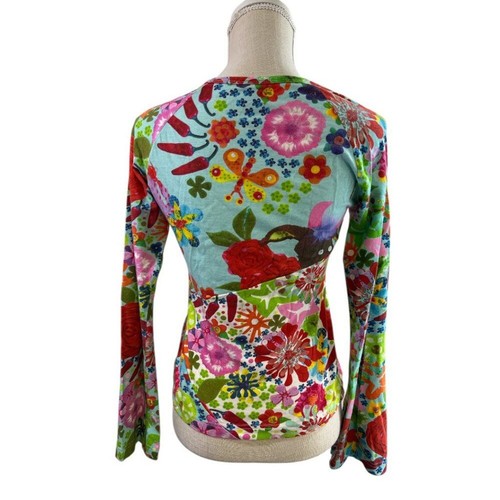Oilily Sz S Art-to-Wear Floral Animal Funky Retro Shirt Top Stretch Scoop Neck - Picture 3 of 15