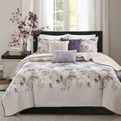NEW! ~ COZY COTTAGE PURPLE LILAC LAVENDER IVORY WHITE WATERCOLOR LEAF QUILT SET
