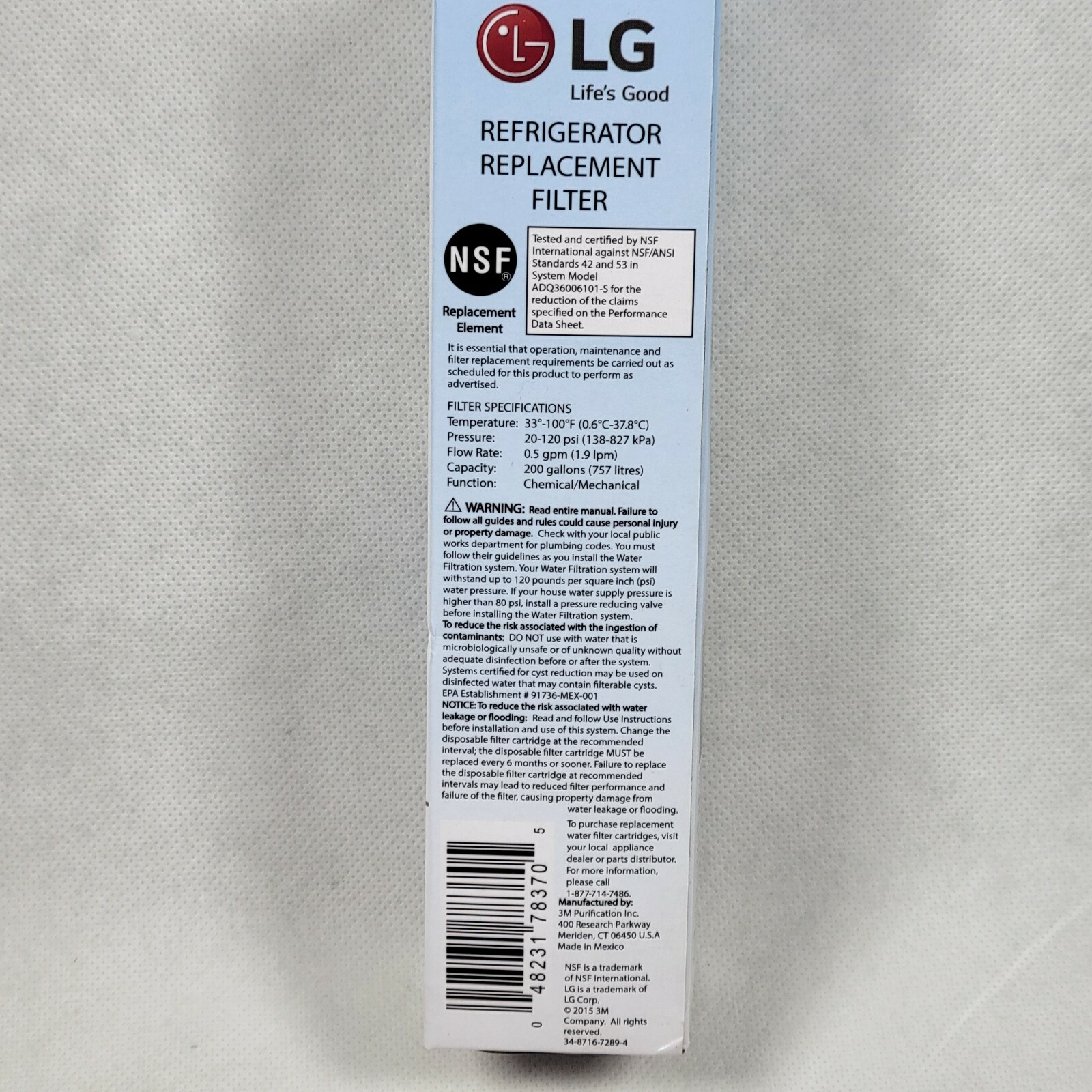 OEM LG Refrigerator Ice & Water Filter Model ADQ 36006101S P/N