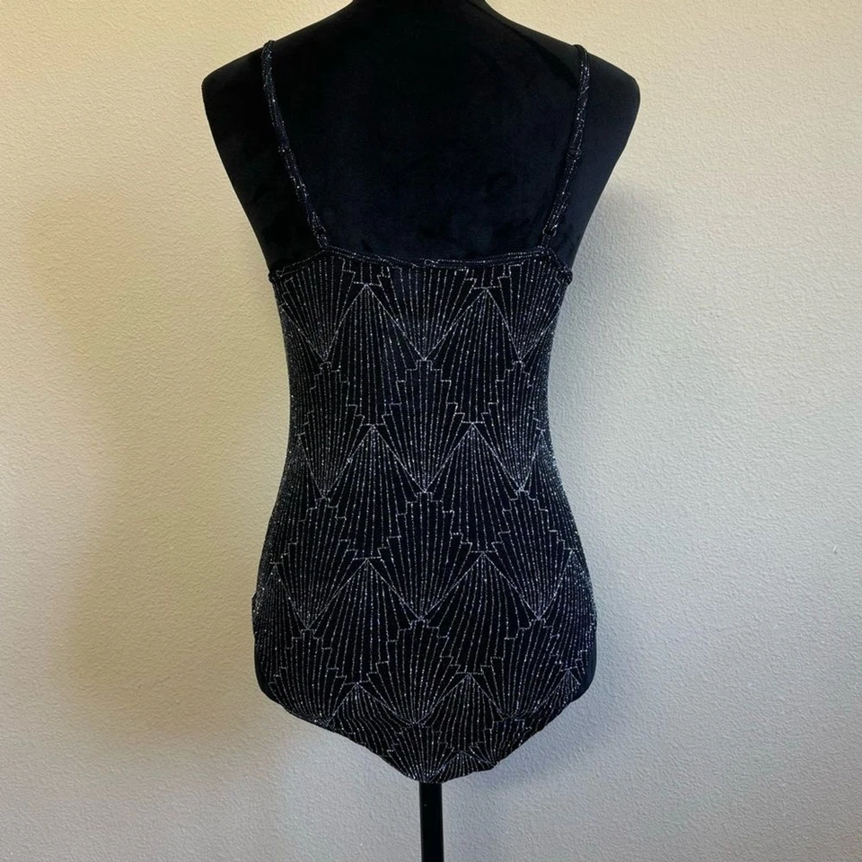 NWT divided top women small sheer glittery tank top bodysuit one piece black - Image 2 of 4