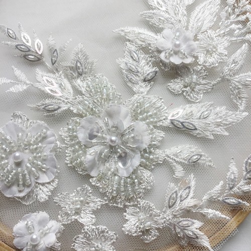 3D Embroidery Flower Lace Bridal Applique Pearl Beaded Tulle DIY Wedding Dress - Picture 18 of 20