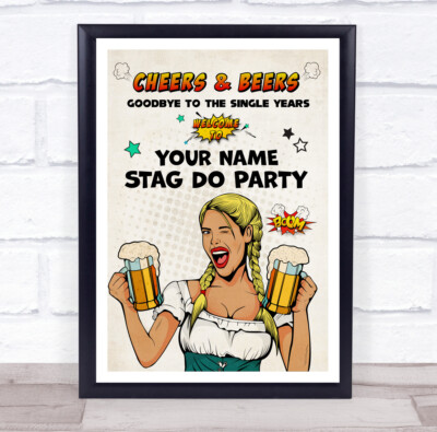 Personalisiertes Partyschild Comic-Stil Frau zwinkernd CheersBeers Welcome To Stag Do