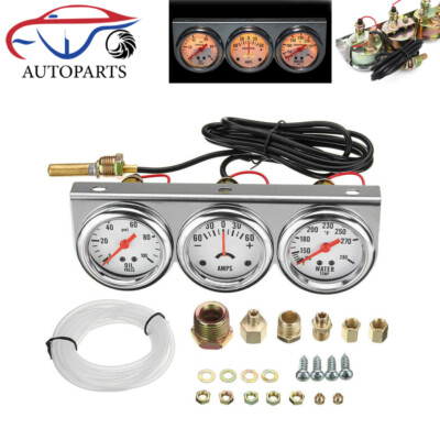 #ad 2quot; 52mm Car Chorme Triple Gauge Set Oil Pressure Water Temp AMP Meter 3 in 1 Kit $22.13