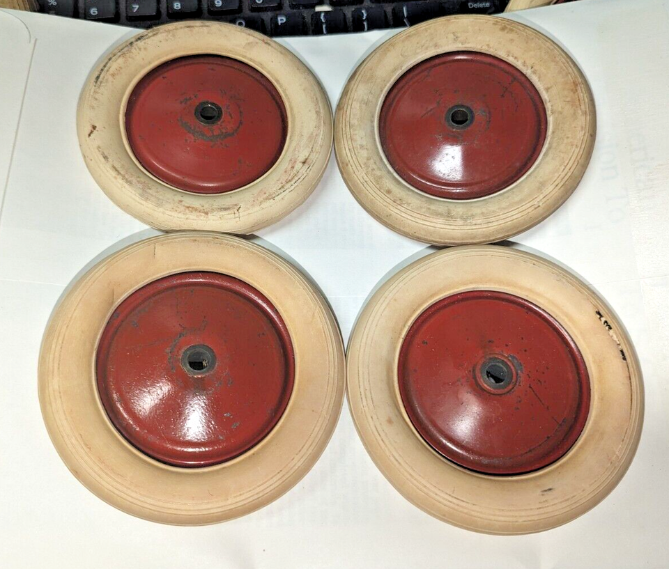 4 A C Gilbert Erector "DM" Wheels w/Tires, Red, 1920's Vintage