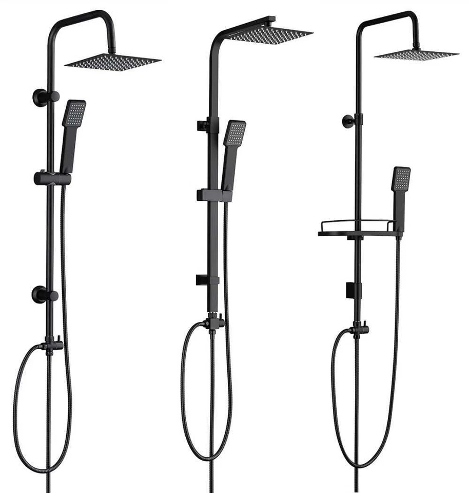 BW-HOUSEWARE Matt Black Round & Square 3 Way Rigid Riser Shower Kit for Bath Shower Mixer Tap