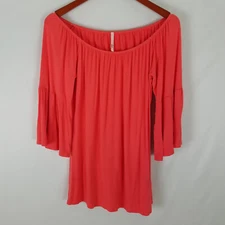 Voel Shirt Womens Medium Red Top Long Bell Sleeve Pleated Boat Neck Blouse