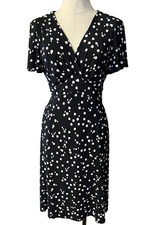 Chaps Ralph Lauren Dress L Large Black Ivory Polka Dot Stretch Sheath Washable