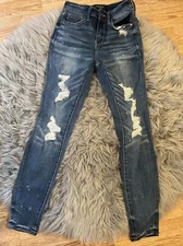 Judy Blue Womens Destroyed Mid-Rise Bleach Splatter Skinny 0/24 Blue JB88197