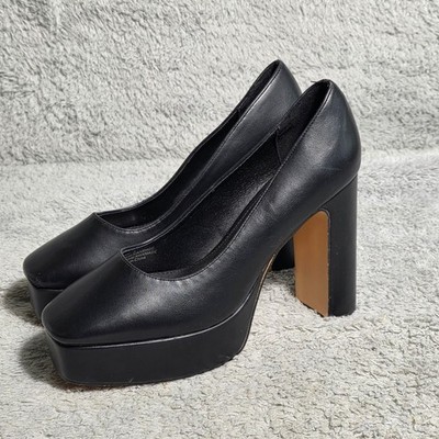 NY&C Black Faux Leather Platform Chunky Heel Pumps Square Toe Women's Size 8