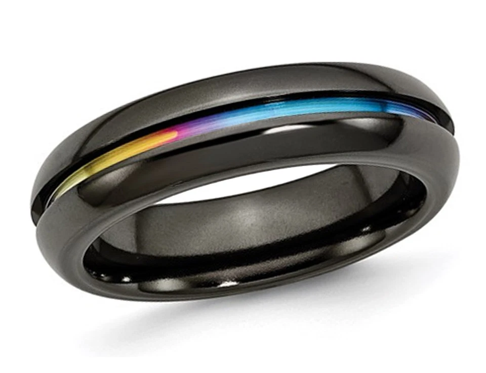 Anillo de banda anodizado multicolor de titanio enchapado en negro de 6 mm