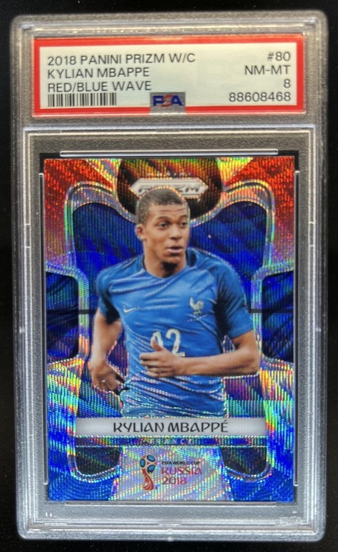 2018 Panini Prizm World Cup Kylian Mbappe Red & Blue Wave RC #80 France PSA 8