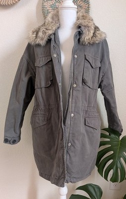Lempelius Green Parka XS Cotton Twill Coyote Fur Collar Mid Length Coat