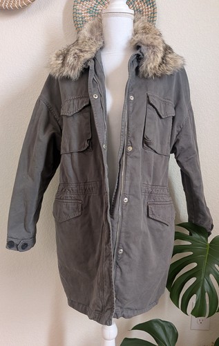 Lempelius Green Parka XS Cotton Twill Coyote Fur Collar Mid Length Coat