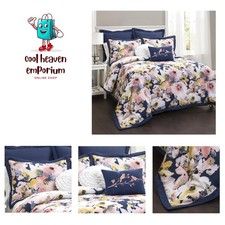 Floral Watercolor 7 Piece Comforter Set, Full Queen, Blue and Pink
