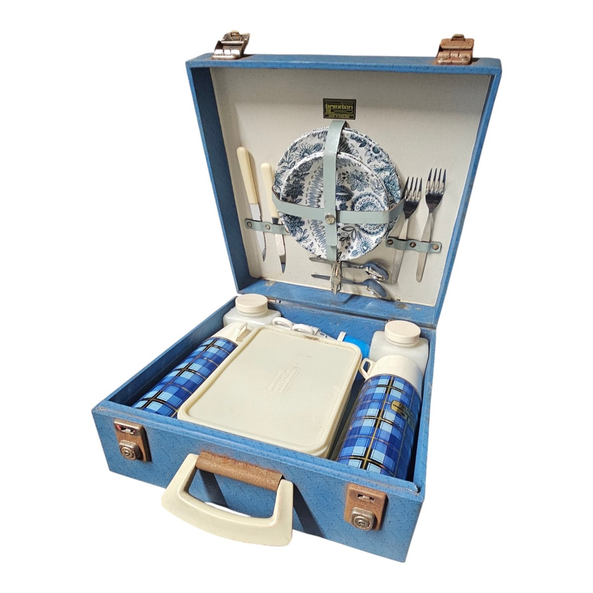 Vintage Brexton Thermos Person Green Floral Picnic Set 1950/60