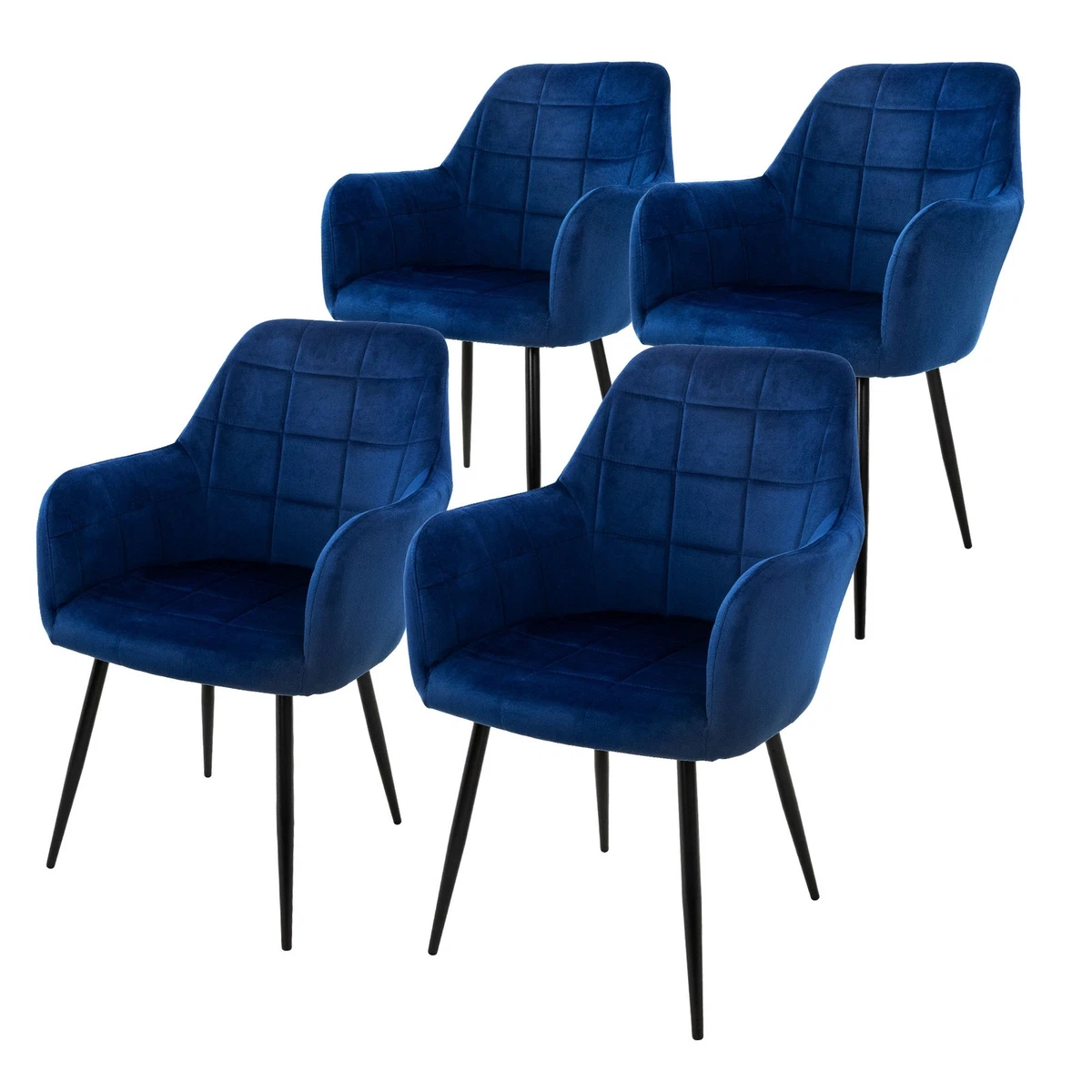 Juego de 4 sillas de comedor azul oscuro con respaldo y reposabrazos tapizados