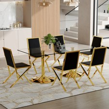 Table and chair set, 71 x tempered glass, dining chairs 6 golden metal framed