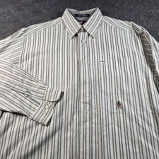Tommy Hilfiger Shirt Mens Medium Green White Striped Button Down Crest Logo Vtg