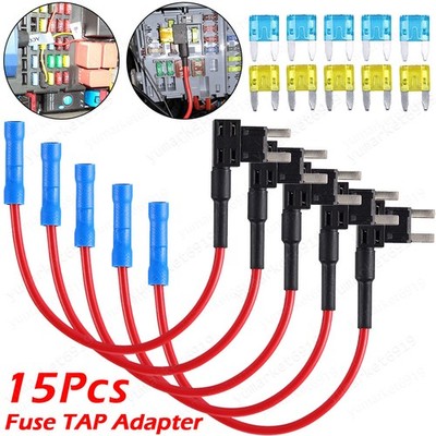 15Pcs Fuse TAP Adapter Kit 12V 20 Amp Car Add Circuit Mini ATM APM Blade Fuse